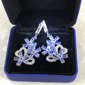 Exquisite Blue Tanzanite & CZ 925 Silver Earrings